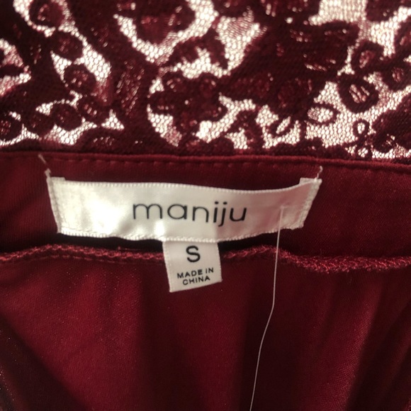 Burgundy Lace Bodice Maxi Dress with Cap Sleeves and Leg Slit from Maniju - Picture 7 of 12